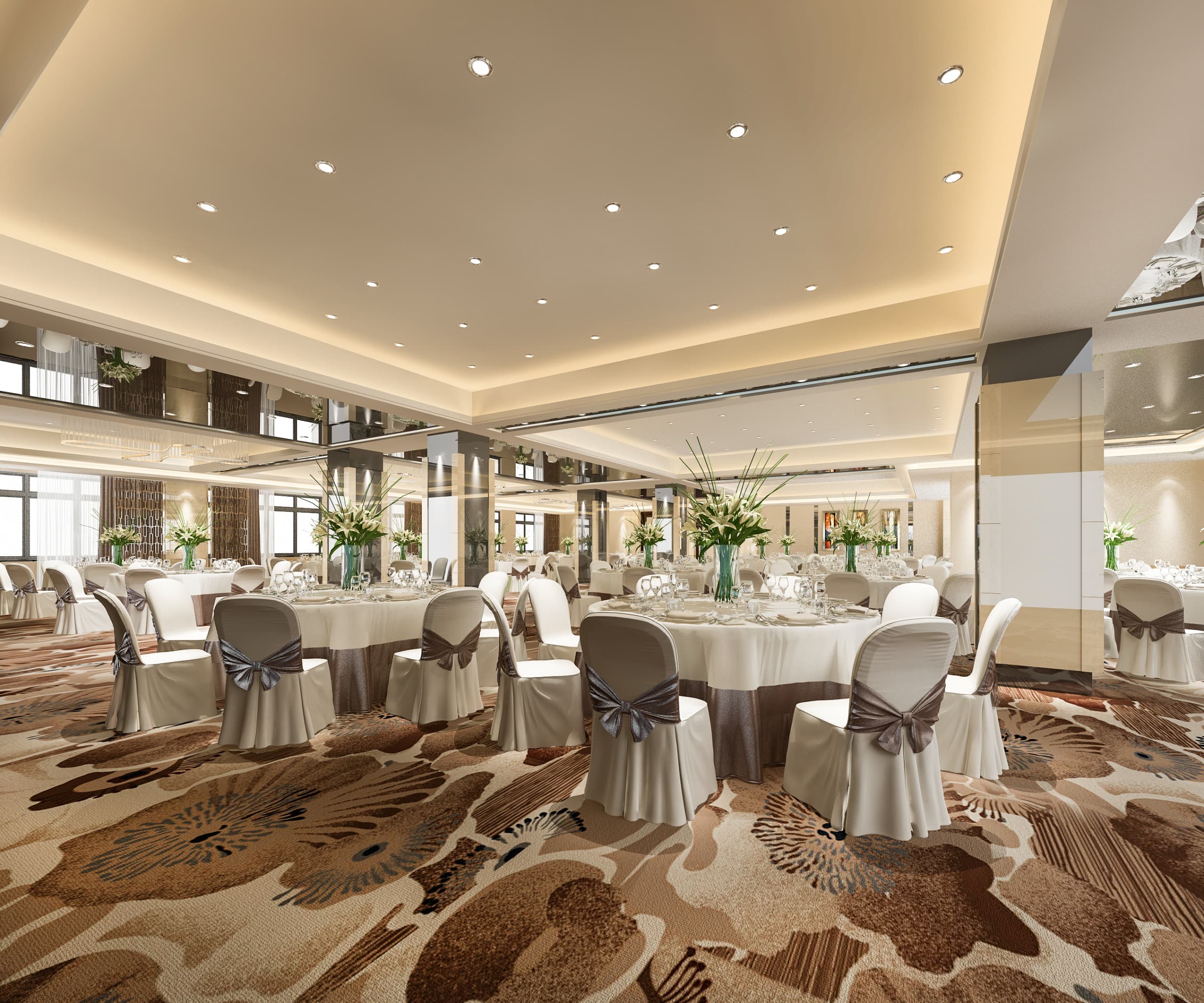 A grand gala ballroom with dramatic lighting, round dining tables and a live stage